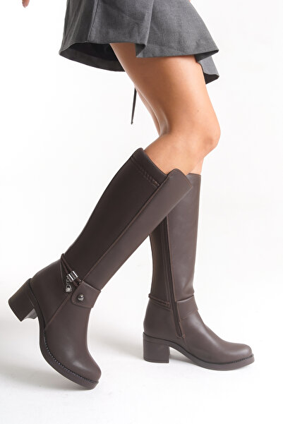 ds Dicle Stil Brown Women's Rope Tassel Buckle Detailed Leather Look Boots