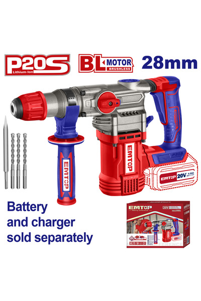 EMTOP Ciocan rotopercutor fără baterie și încărcător, 28 mm, 4 accesorii - EL...
