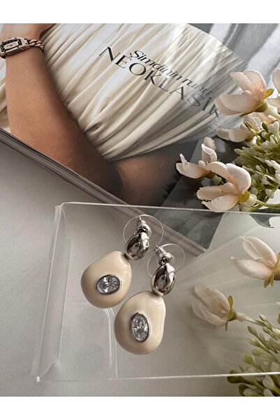MODA Gümüş & Krem Premium Taşlı Küpe 20 mm