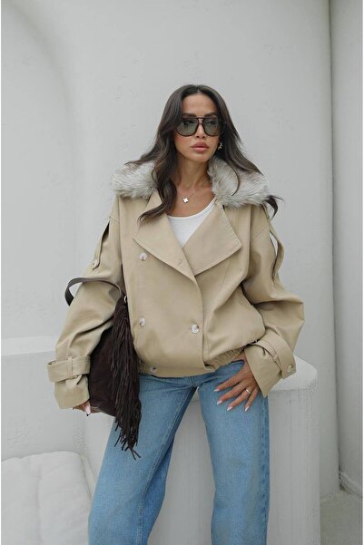 Miss Beyoğlu Asim New Fur Collar Bomber Leather Jacket