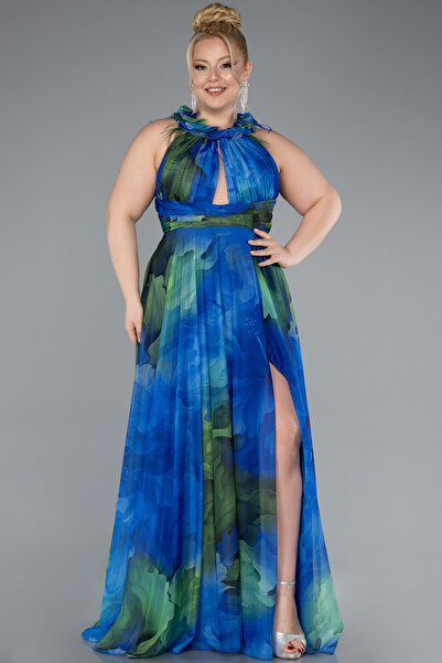 Abiyefon Saks-Yeşil Empirme Uzun Büyük Beden Mezuniyet Elbisesi ABU4902