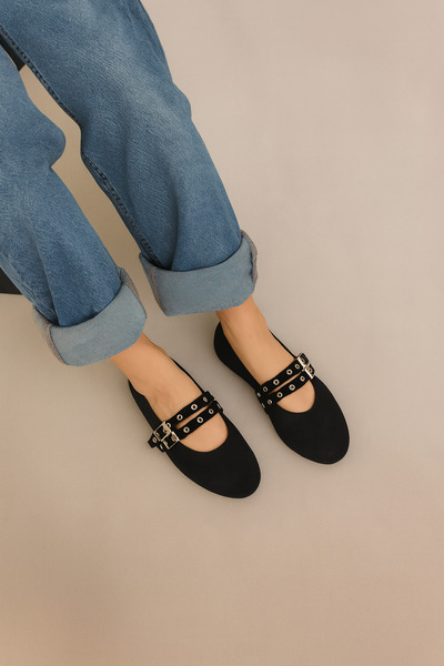 moon glow Black Suede Color Studded Double Buckle Women's Ballerinas |   Daily Comfortable Flat Sole Mary Jane Shoes Fashion