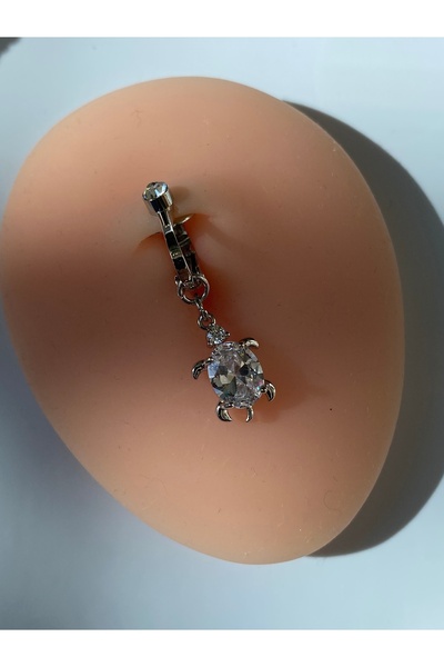 kurukafagift Çelik Göbek Piercing Zirkon Parlak Taşlı Kaplumbağa Figürlü Deliksiz Kullanım Sıkıştırmalı Model