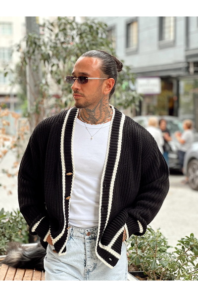 manch collection Old Money Oversize Çift Renk Örme Hırka Lacivert