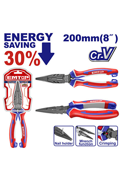 EMTOP Long nose pliers with high leverage, 200mm (8") - EPLRL0821,
