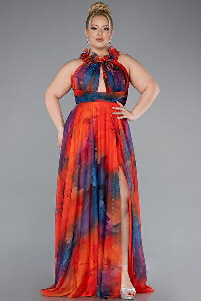 Abiyefon Orange Empirme Uzun Büyük Beden Mezuniyet Elbisesi ABU4902