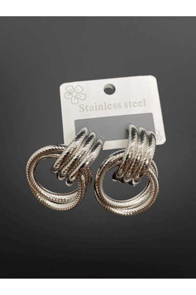 FM Silver Color Twisted Texture Design Hoop Model 316L Steel Earrings – Stylish and Modern