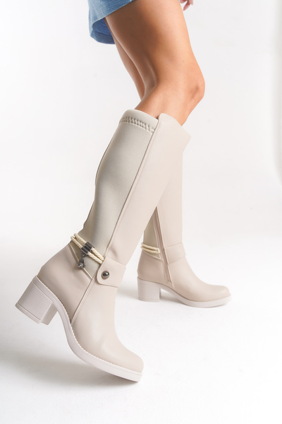 ds Dicle Stil Beige Women's Rope-Tied Tassel Buckle Detailed Leather-Look Boots