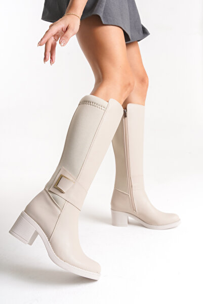 ds Dicle Stil Beige Women's Buckle Detailed Zippered Boots