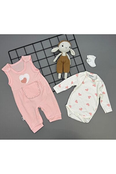 Amur Baby Teddy Bear Romper Teddy Bear Patterned Bodysuit Heart Salopet Set Cotton