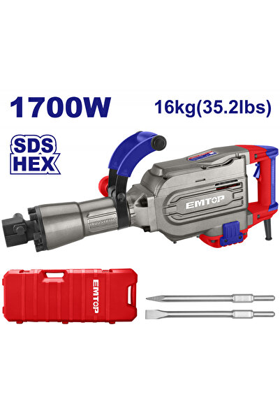 EMTOP Ciocan demolator HEX, 1700W, 45J, 2 dălți, ambalat în cutie de transport - EDBRH1701,