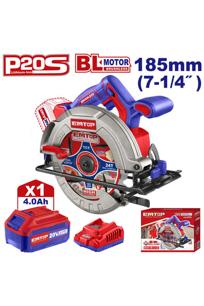 EMTOP Ferăstrău circular cu 1 baterie 4.0AH, motor fără perii, 185mm - ELCS18...