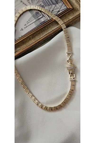 berckaccessories 14K Altın Kaplama Çelik Kolye – Dokulu Yassı Zincir