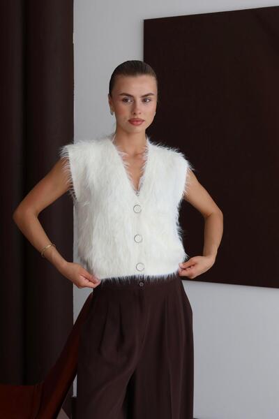 Jeevee V-Neck Buttoned Feather Knit Vest