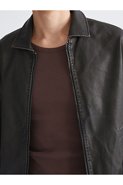 LC Waikiki Yeni Sezon Rahat Kalıp Gömlek Yaka Erkek Deri Görünümlü Mont