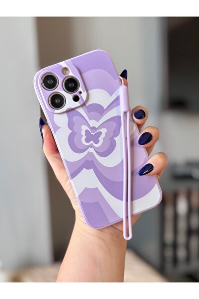 MİRAZ TASARIM IPHONE 14 PRO MAX İPLİ LİLA KELEBEK DESENLİ KILIF