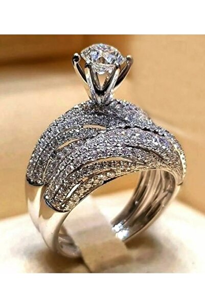 BirYıldızOl 925 Ayar Gümüş Yarım Tur Tek Taş Yüzük Alyans Seti 2 li Gümüş Yüz...