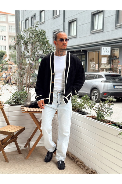 manch collection Old Money Oversize Çift Renk Örme Hırka Lacivert