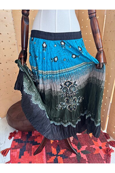 Matcha Butik Kadın Mavi Yeşil Hint İşlemeli Bohem Etek
