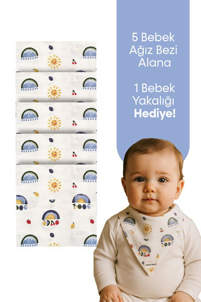 Çimen Butikk Muslin Baby Mouth Diaper 4 Layers 100% Cotton – Rainbow Patterne...