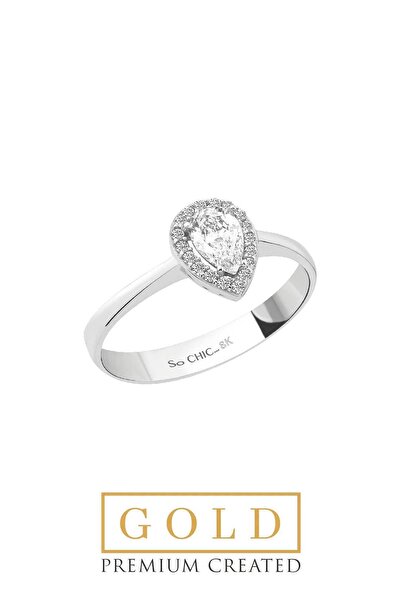 So CHIC... 8 Ayar Beyaz Altın Sertifikalı Premium Created Taşlı Damla Tektaş Yüzük