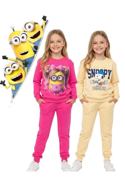 LİTTLE TORTOİSE Girl's Minions and Snoopy Printed Seasonal Sweatshirt Set
