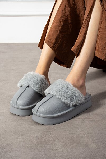 Modafırsat Жіночі капці Сірі з хутром всередині Товста підошва Водонепроникні Можна прати Повсякденні капці