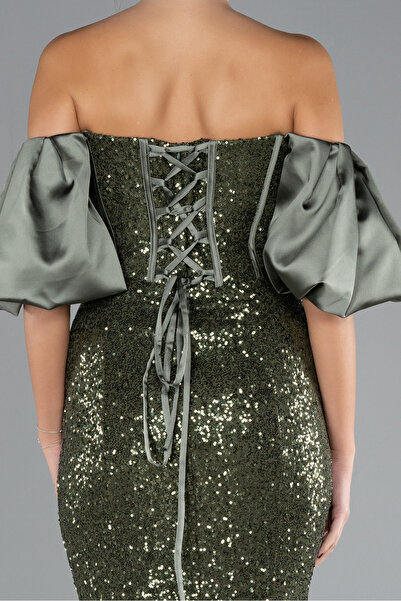 Abiyefon Haki Straplez Kol Aksesuarlı Uzun Pul Payet Balık Abiye ABU4308