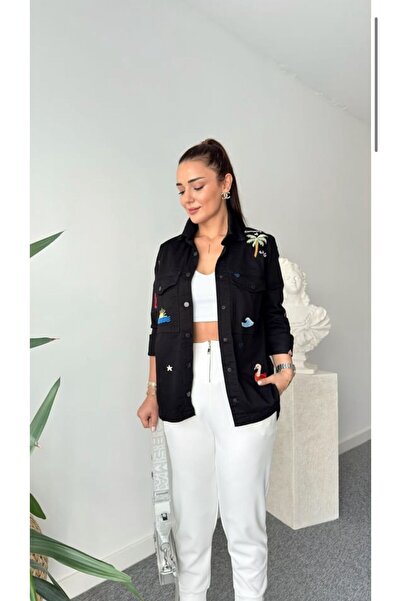 ALVOR Tropikal Nakışlı İşlemeli Kot Jean Ceket - Çıtçıt Düğmeli