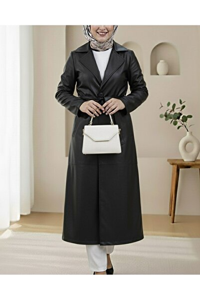 Modamorfo Single Button Leather Trench Coat with Belted Waist and Side Pockets - Black