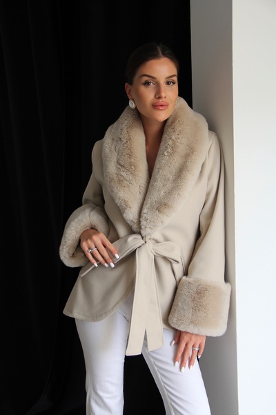 Julidress Premium Design Cashmere Coat with Feather Detail on the Sleeves and Collar, Tie-Up Closure