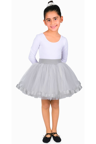 LULLY KİDS Girl's Silver Gray Organza Striped Ribbon 4 Layer Tulle Tutu Skirt