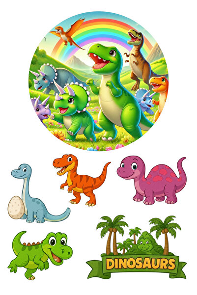 BatıDoğu Yenilebilir Yuvarlak Pasta ve Figür Resim Baskısı Şekerli Kağıt Dinazor Temalı 08