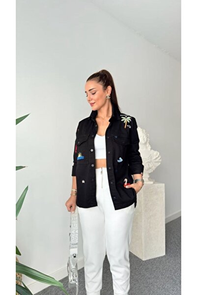 ALVOR Tropikal Nakışlı İşlemeli Kot Jean Ceket - Çıtçıt Düğmeli