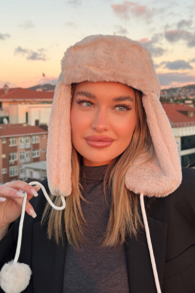 Mavelle Women's Beige Pompom Pilot Hat |   Faux Fur Winter Women's Hat