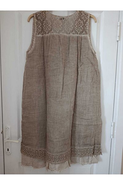 anne moda ankara Superior Quality, 100% Washed, Stonewashed Cotton Woven, Lace Detail, Neck Lace-Up, Sleeveless Dress