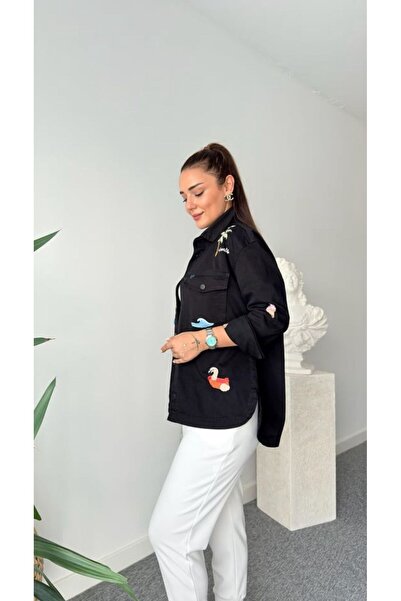 ALVOR Tropikal Nakışlı İşlemeli Kot Jean Ceket - Çıtçıt Düğmeli