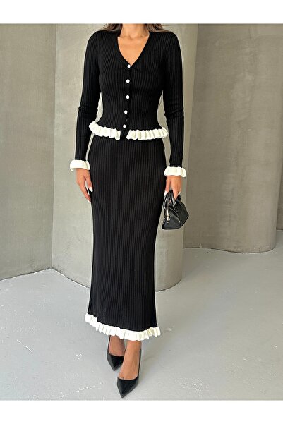 Lusin Women's Black Ribbed Ruffle Detailed Skirt Blouse Elegant Knitwear Set (Size S)