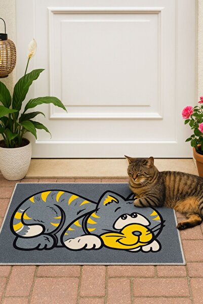 CasaPetra سجادة زخرفية أمامية للباب بتصميم قطة مع قاعدة مانعة للانزلاق