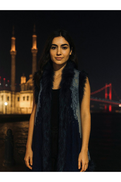 fiore fashion Vest Lace Fur Long Grey and Navy Blue Color