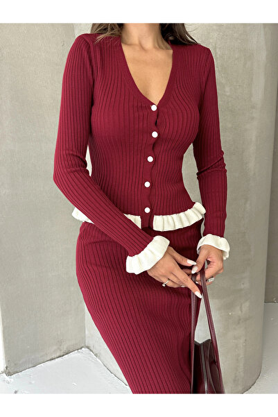 Lusin Women's Burgundy Ribbed Ruffle Detailed Skirt Blouse Elegant Knitwear Set (Size S)