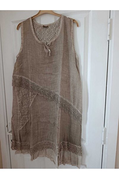 anne moda ankara Superior Quality, 100% Washed, Stonewashed Cotton Woven, Lace Detail, Neck Lace-Up, Sleeveless Dress