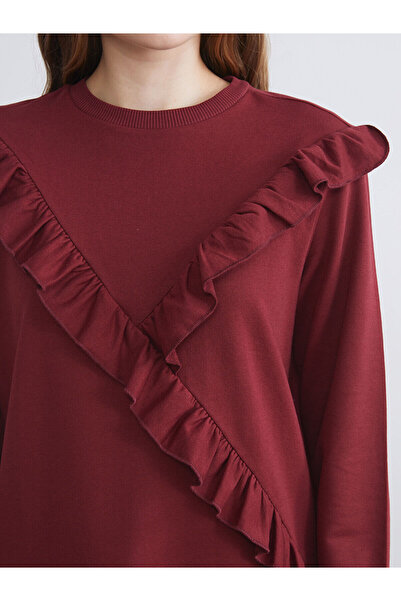 LC Waikiki Bordo Bisiklet Yaka Fırfırlı Kadın Sweatshirt Tunik