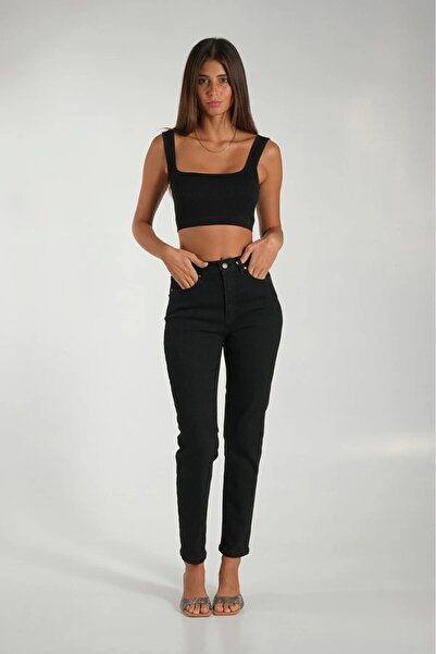 TugsatTasarTekstil Black High Waist Mom Boyfriend Jean Women Power Lycra Recovery Denim Pants