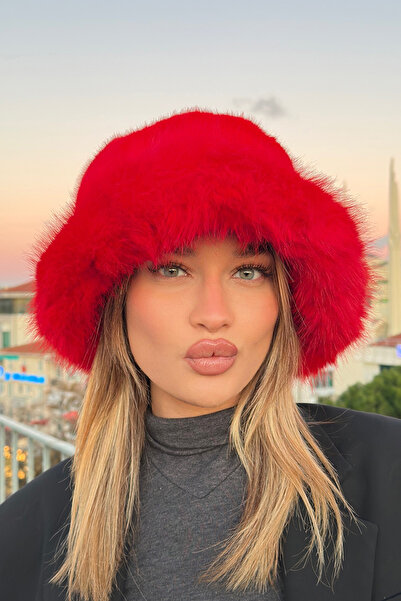 Mavelle Women's Red Bucket Winter Hat |   Faux Fur Women's Hat