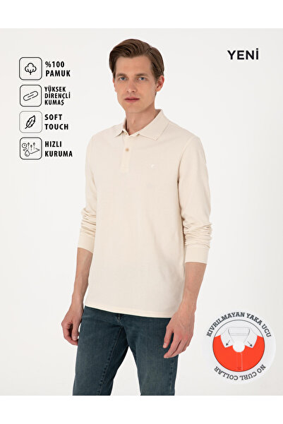 Pierre Cardin Bej Slim Fit Kıvrılmaz Polo Yaka Uzun Kollu Sweatshirt