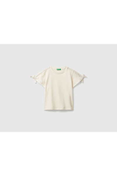 Benetton Girl's T-Shirt with Logo Embroidery and Glitter Ribbon on the Shoulders