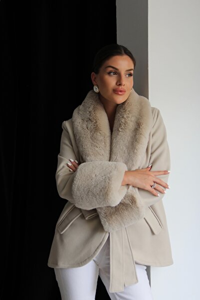 Julidress Premium Design Cashmere Coat with Feather Detail on the Sleeves and Collar, Tie-Up Closure