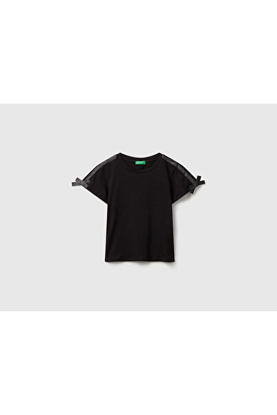 Benetton Girl's T-Shirt with Logo Embroidery and Glitter Ribbon on the Shoulders
