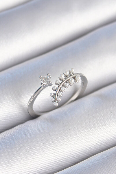 Epilons خاتم نسائي نحاسي فضي اللون بحجر الزركون واللؤلؤ على شكل ورقة شجر - TJ...